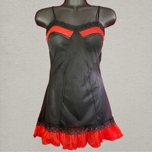 Morbid Threads Y2K Vintage Black and Red Mesh and Lace Chemise Mini Dress